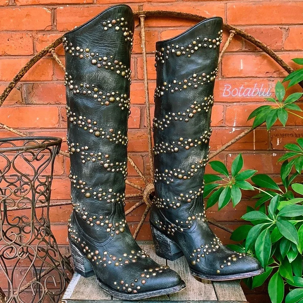 OLD GRINGO Rare Tall Studded Black Leather Cowgirl Western Boots Size 6 - Picture 5 of 12